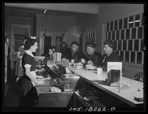 Aberdeen (vicinity), Maryland. Truck drivers having coffee at a diner along U.S. Highway 40