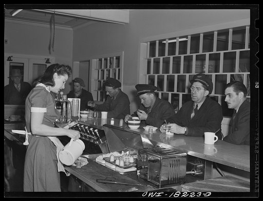 Untitled photo, possibly related to: Aberdeen (vicinity), Maryland. Truck drivers having coffee at a diner along U.S. Highway 40