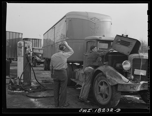 Truckers' service stop in New Jersey, just outside New York City. This is where Associated Transport Company trucks going south from New York stop for gas and oil