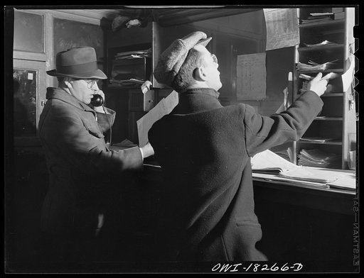 Untitled photo, possibly related to: New York, New York. Associated Transport Company trucking terminal on Twenty-third Street. Dispatcher's office