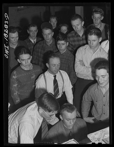 Untitled photo, possibly related to: Madison, Wisconsin. Farm short course school at the University of Wisconsin. Before going to dinner the boys gather around the piano to sing songs