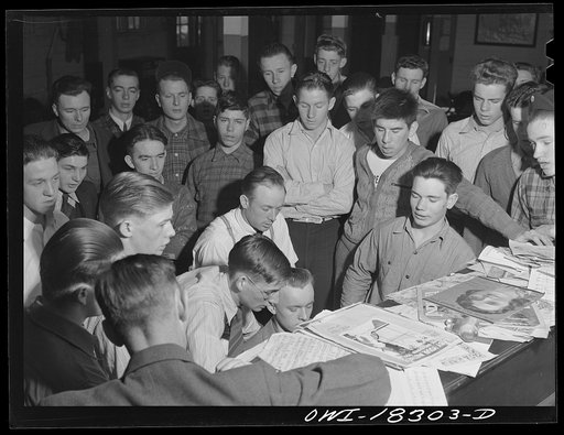 Madison, Wisconsin. Farm short course school at the University of Wisconsin. Before going to dinner the boys gather around the piano to sing songs