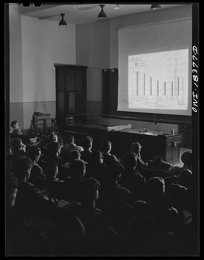 Untitled photo, possibly related to: Madison, Wisconsin. Farm short course school at the University of Wisconsin. A lantern slide lecture in the forge and small grain class