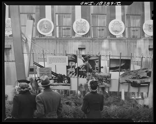 New York, New York. "United Nations" exhibition of photographs presented by the United States Office of War Information (OWI) on Rockefeller Plaza