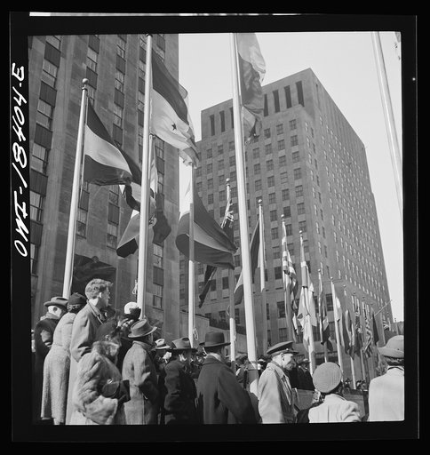 Untitled photo, possibly related to: New York, New York. "United Nations" exhibition of photographs presented by the United States Office of War Information (OWI) on Rockefeller Plaza. Flags of all the United Nations flying at one end. Spectators are watching ice skating