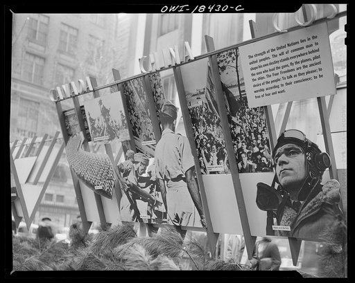 Untitled photo, possibly related to: New York, New York. "United Nations" exhibition of photographs presented by the United States Office of War Information (OWI) on Rockefeller Plaza