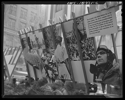 New York, New York. "United Nations" exhibition of photographs presented by the United States Office of War Information (OWI) on Rockefeller Plaza