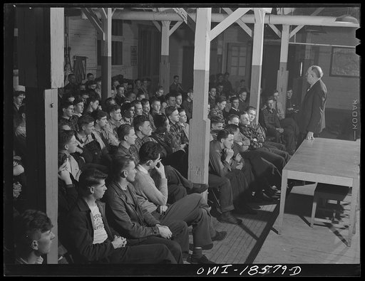 Untitled photo, possibly related to: Madison, Wisconsin. Farm short course school at the University of Wisconsin. Professor J.G. Moore conducting a forum on fruits and vegetables in war time