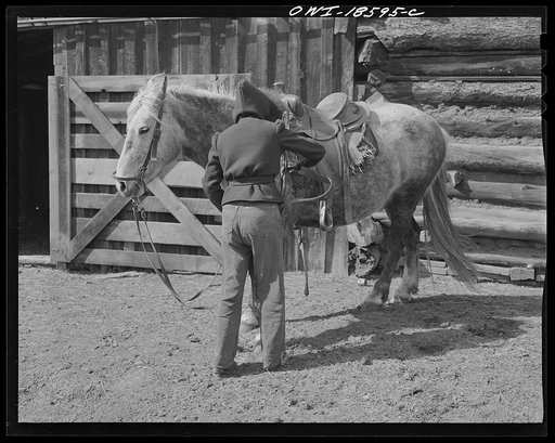Moreno Valley, Colfax County, New Mexico. Daughters of George Mutz, a second generation cattle rancher, "saddling up" their mounts