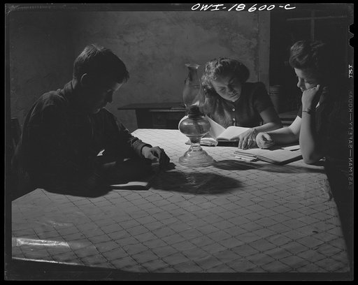 Moreno Valley, Colfax County, New Mexico. The Mutz children doing their homework