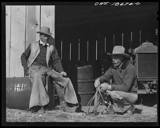 Moreno Valley, Colfax County, New Mexico. John Mutz and George Turner, ranchers, talking things over