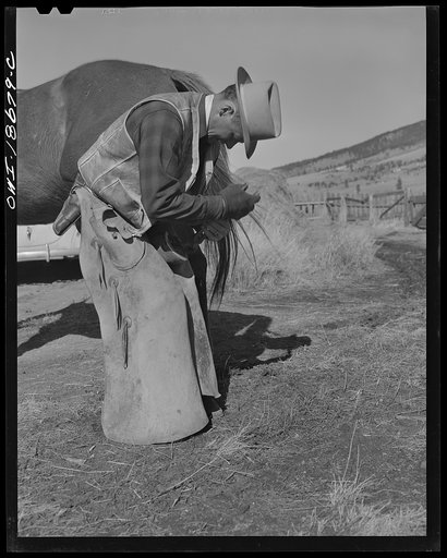 Moreno Valley, Colfax County, New Mexico. John Mutz changing a shoe on George Turner's prize Arabian pony