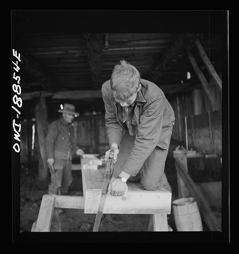 Untitled photo, possibly related to: Moreno Valley, Colfax County, New Mexico. George Mutz and his son building a feed trough