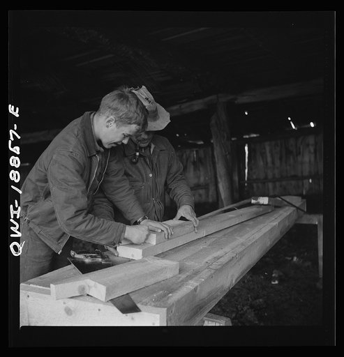 Untitled photo, possibly related to: Moreno Valley, Colfax County, New Mexico. George Mutz and his son building a feed trough