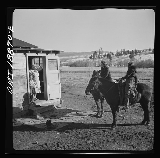 Untitled photo, possibly related to: Moreno Valley, Colfax County, New Mexico. George Mutz's daughters calling on a nearby ranch