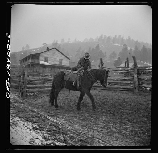 Moreno Valley, Colfax County, New Mexico. George Mutz starting out on the range in a snowstorm