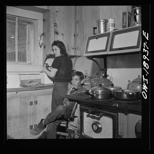 Untitled photo, possibly related to: Moreno Valley, Colfax County, New Mexico. The older daughter preparing dinner on George Mutz's farm