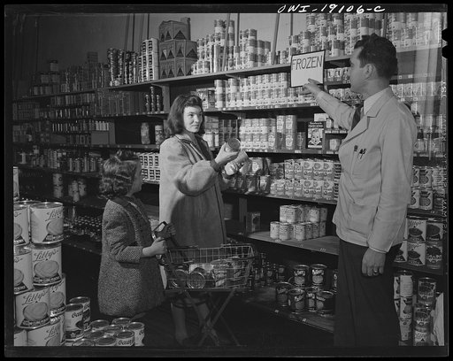 Untitled photo, possibly related to: Taos, New Mexico. First week of wartime food rationing