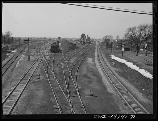 Railroad yard and coal chute along the tracks of the Atchison, Topeka and Santa Fe Railroad. Marceline, Missouri