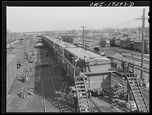 Topeka, Kansas. General view of part of the Atchison, Topeka and Santa Fe Railroad car building shops