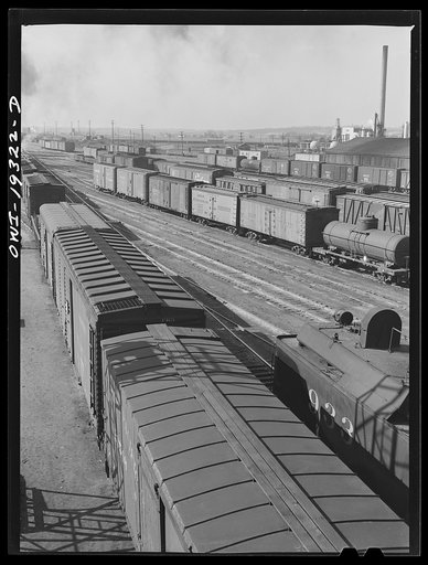 General view of part of an Atchison, Topeka and Santa Fe Railroad yard