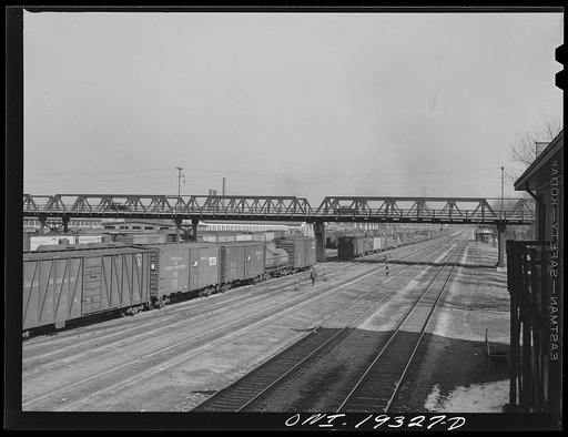 General view of part of an Atchison, Topeka and Santa Fe Railroad yard