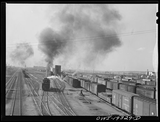 General view of part of an Atchison, Topeka and Santa Fe Railroad yard