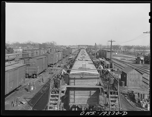 Topeka, Kansas. View of part of the Atchison, Topeka and Santa Fe Railroad car building shops