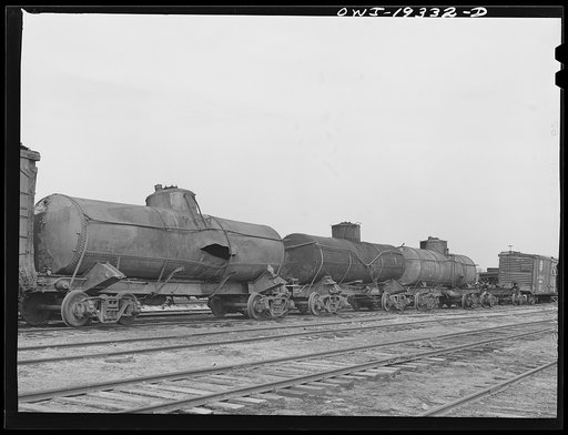 Topeka, Kansas. Wrecked tank cars which will be rebuilt at the Atchison, Topeka and Santa Fe Railroad car shops