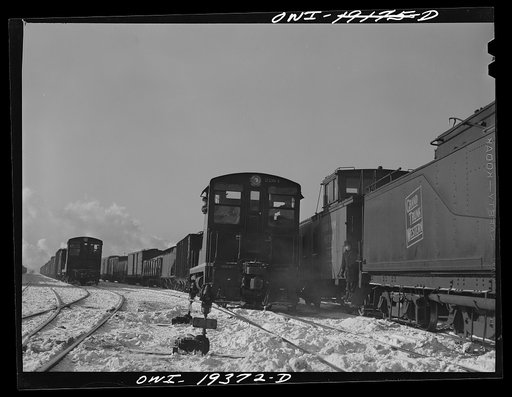 Chicago, Illinois. Diesel switch engine working in a railway yard