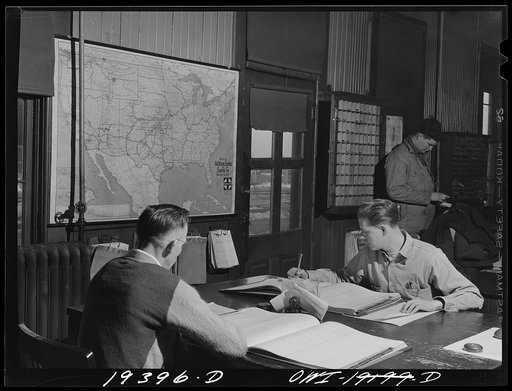 Fort Madison, Iowa. Keeping records of waybills in the Atchison, Topeka and Santa Fe Railroad yard office