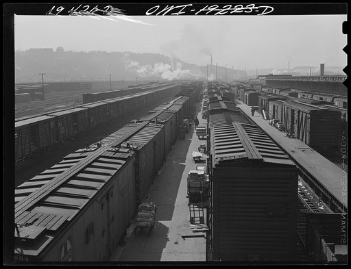 Loading platforms at an Atchison, Topeka and Santa Fe Railway freight depot