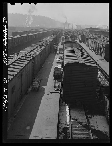 Loading platforms at an Atchison, Topeka and Santa Fe Railway freight depot