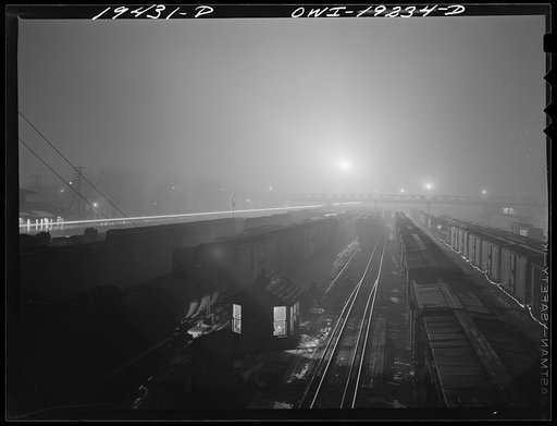 Night view of part of the departure yard on the route of the Atchison, Topeka and Santa Fe Railway