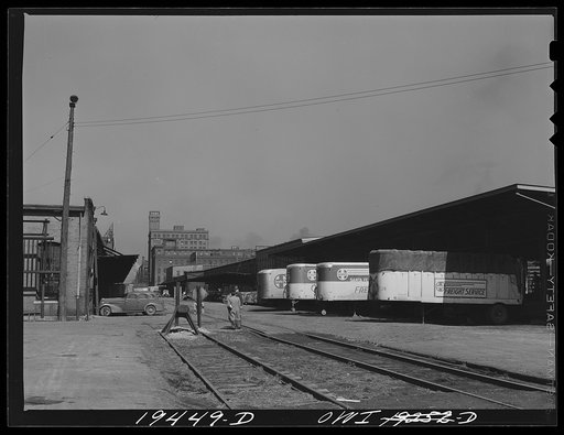 Kansas City, Missouri. Atchison, Topeka and Santa Fe Railway "trailways" trucks at the freight depot
