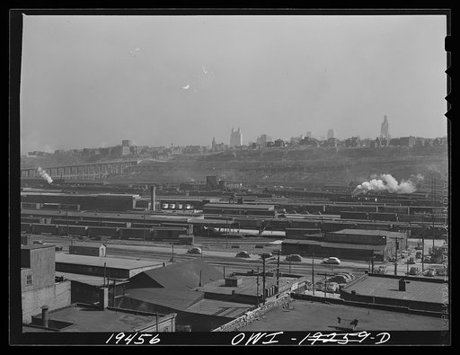 Kansas City, Missouri. Looking across the freight and warehouse district toward the metropolitan area of the city