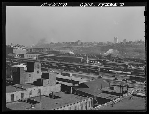 Untitled photo, possibly related to: Kansas City, Missouri. Looking across the freight and warehouse district toward the metropolitan area of the city