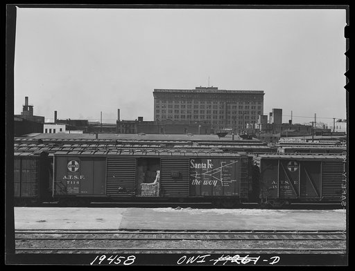Kansas City, Missouri. Team tracks at the Atchison, Topeka and Santa Fe Railway freight depot. In the background is the livestock exchange building