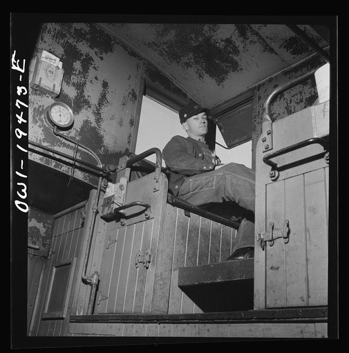 Untitled photo, possibly related to: Walter V. Dew, rear brakeman, on the Atchison, Topeka, and Santa Fe Railroad between Chicago and Chillicothe, Illinois, watching the train from the cupola