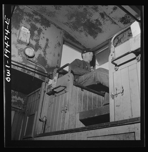 Walter V. Dew, rear brakeman, on the Atchison, Topeka, and Santa Fe Railroad between Chicago and Chillicothe, Illinois, watching the train from the cupola