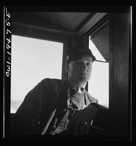 Walter V. Dew, rear brakeman, on the Atchison, Topeka, and Santa Fe Railroad between Chicago and Chillicothe, Illinois, watching the train from the cupola