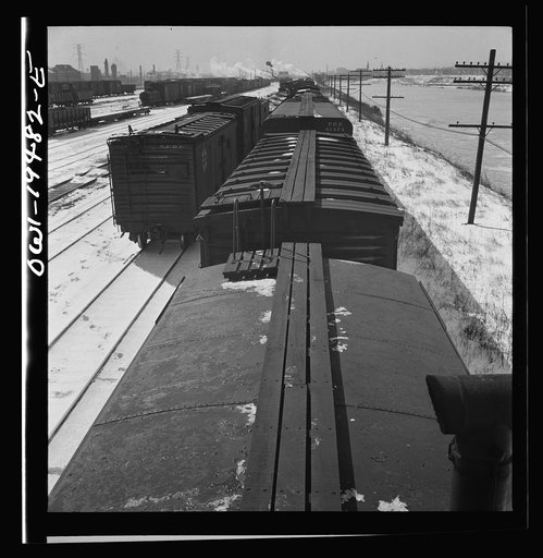 Joliet, Illinois. Stopping for coal, water and inspection along the Atchison, Topeka, and Sant Fe Railroad between Chicago and Chillicothe, Illinois