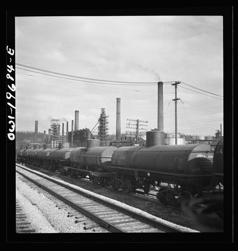 Untitled photo, possibly related to:Sugar Creek, Missouri. Passing an oil refinery along the Atchison, Topeka, and Santa Fe Railroad between Marceline, Missouri, and Argentine, Kansas