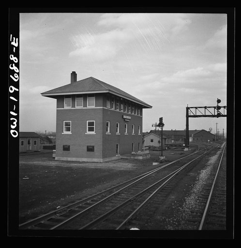 Untitled photo, possibly related to: Kansas City (vicinity), Missouri. Passing terminal tower nine along the Atchison, Topeka, and Santa Fe Railroad between Marceline, Missouri, and Argentine, Kansas