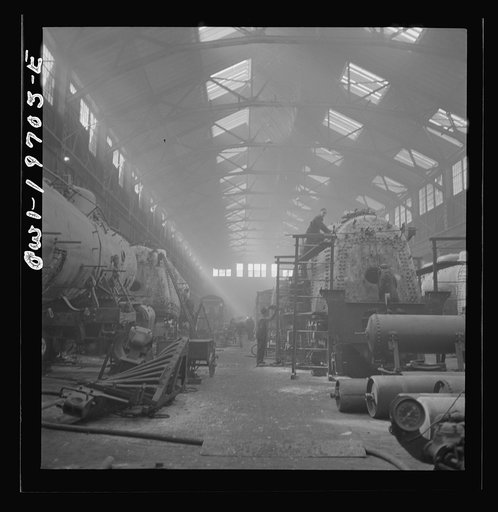 Untitled photo, possibly related to: Topeka, Kansas. A general view of a part of the locomotive shops of the Atchison, Topeka, and Santa Fe Railroad