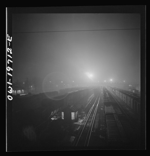 Untitled photo, possibly related to: Argentine, Kansas. Night view of the Atchison, Topeka, and Santa Fe Railroad shops and roundhouse