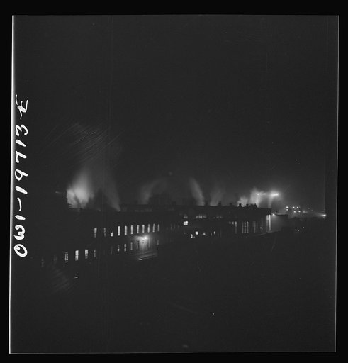 Untitled photo, possibly related to: Argentine, Kansas. Night view of the Atchison, Topeka, and Santa Fe Railroad shops and roundhouse