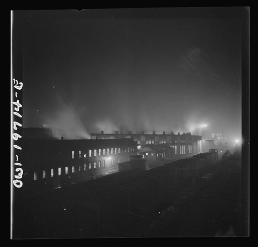 Argentine, Kansas. Night view of the Atchison, Topeka, and Santa Fe Railroad shops and roundhouse