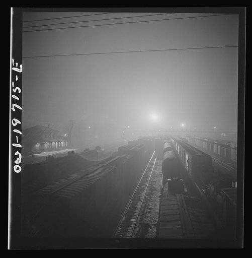 Untitled photo, possibly related to: Argentine, Kansas. Night view of the Atchison, Topeka, and Santa Fe Railroad shops and roundhouse