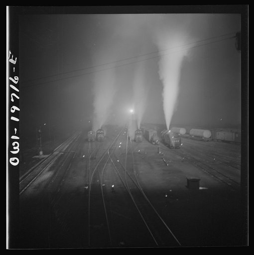 Untitled photo, possibly related to: Argentine, Kansas. Night view of the Atchison, Topeka, and Santa Fe Railroad shops and roundhouse